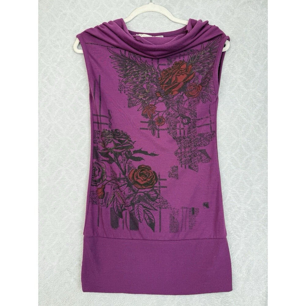 Y2K Vixen Rhinestone Tunic Top Womens Small Sparkle Roses Punk Grunge Emo Scene